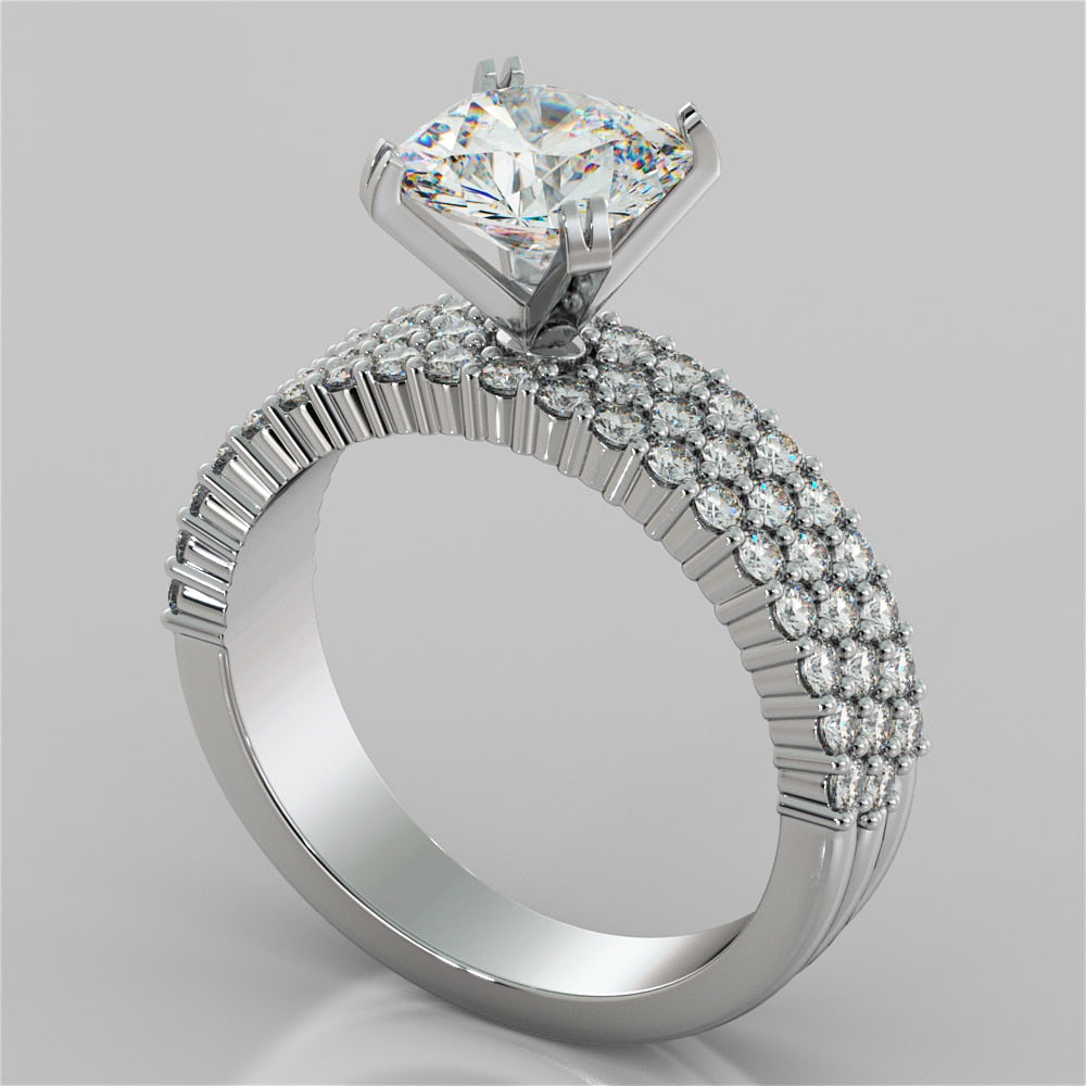 2.0CT Cushion Cut Lab Grown Diamond 3-Row Bar Set Style Engagement Ring