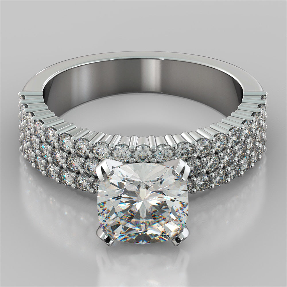 2.0CT Cushion Cut Lab Grown Diamond 3-Row Bar Set Style Engagement Ring