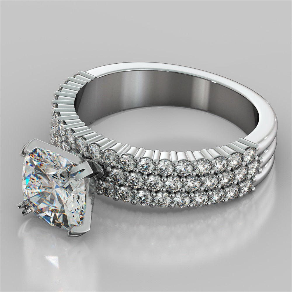 2.0CT Cushion Cut Lab Grown Diamond 3-Row Bar Set Style Engagement Ring