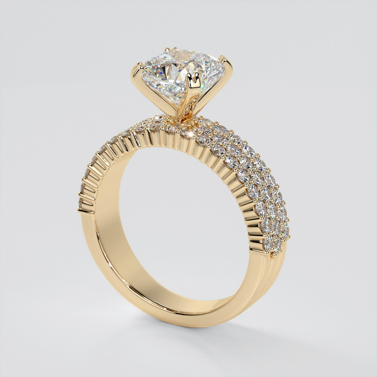 Cushion Cut 3-Row Bar Set Style Engagement Ring
