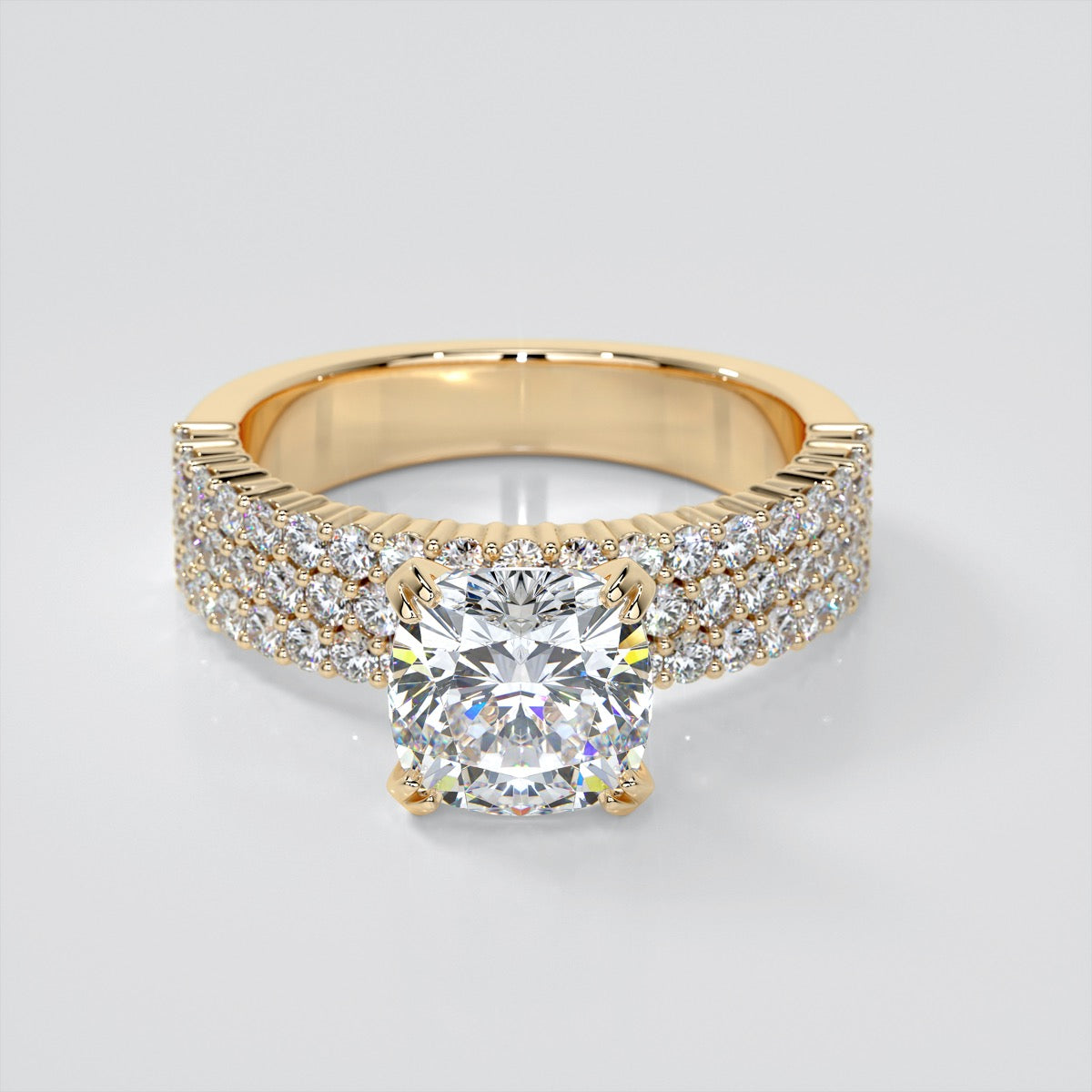 Cushion Cut 3-Row Bar Set Style Engagement Ring