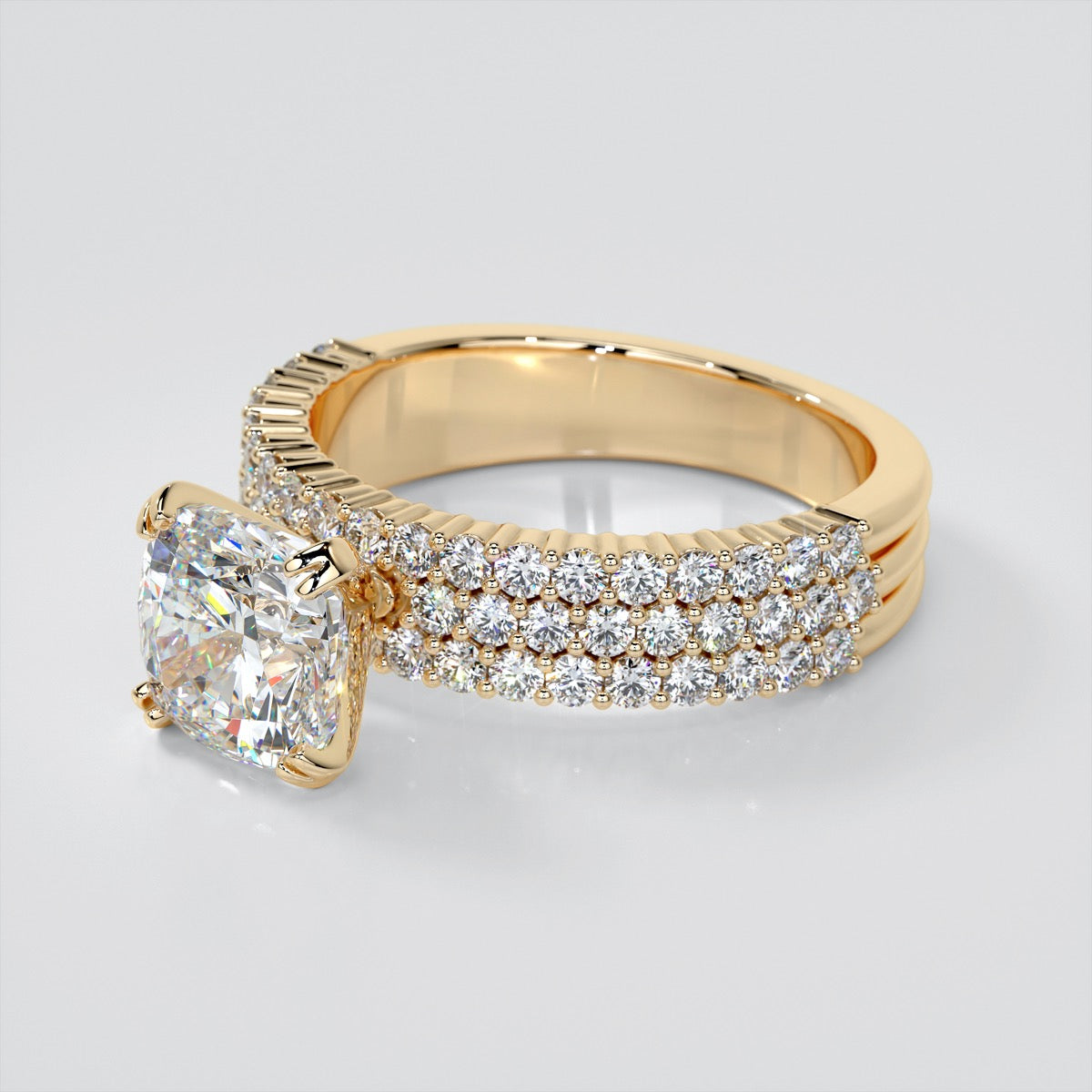 Cushion Cut 3-Row Bar Set Style Engagement Ring