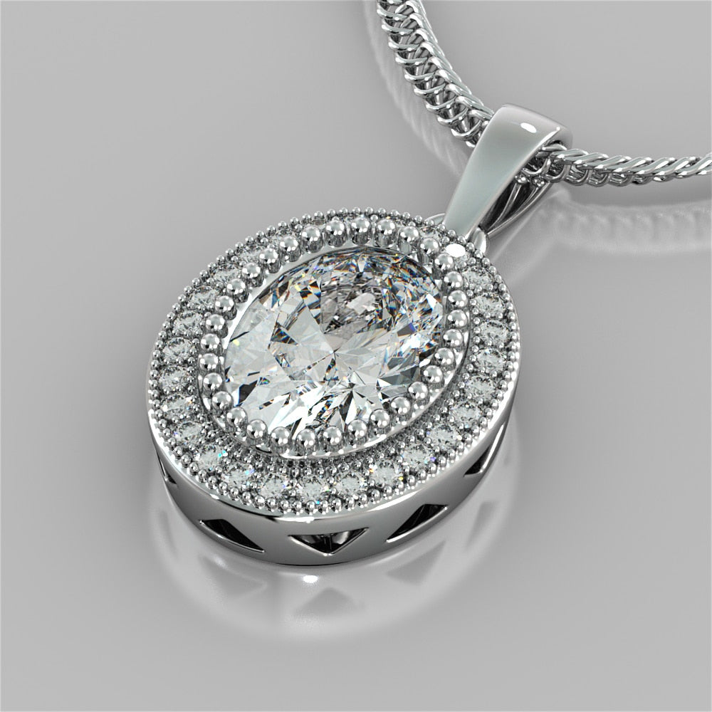 Oval Cut Prong Set Double-Tier Halo Pendant