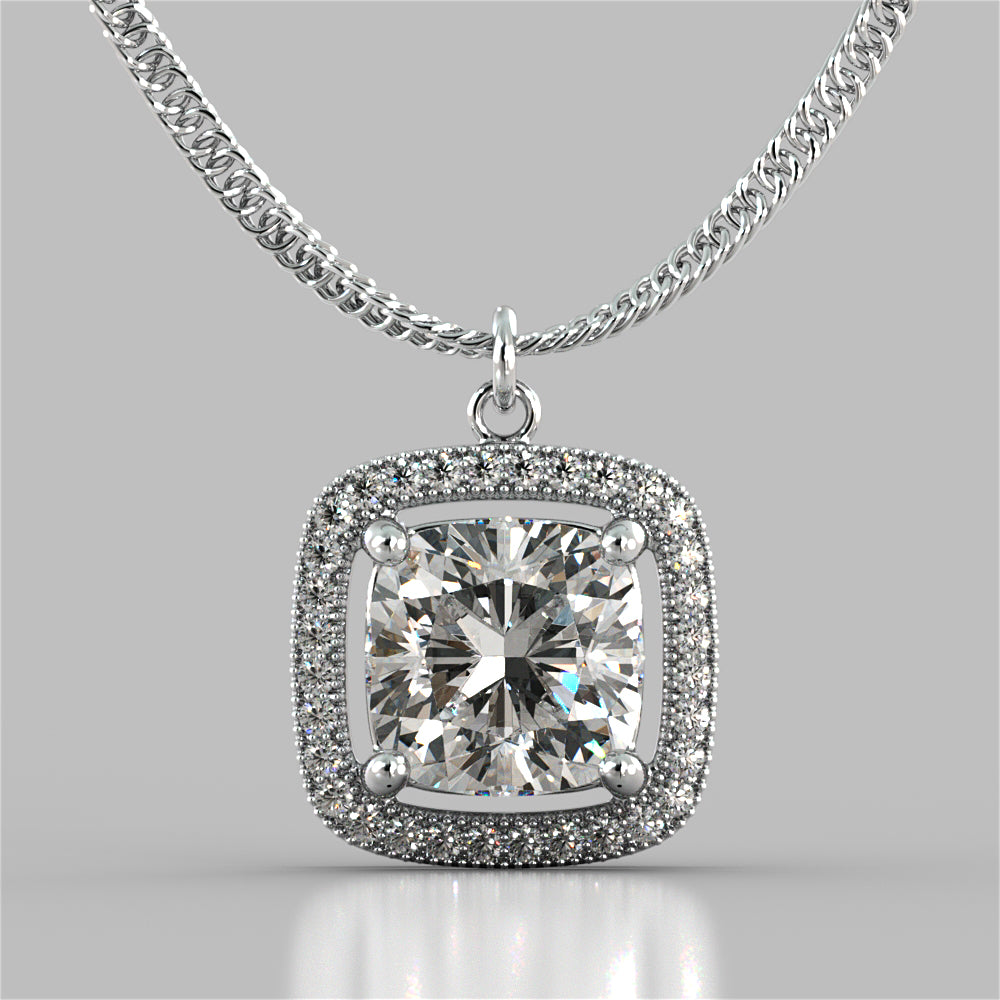 2.27CT Cushion Style Halo Pendant with Round Cut Center Stone