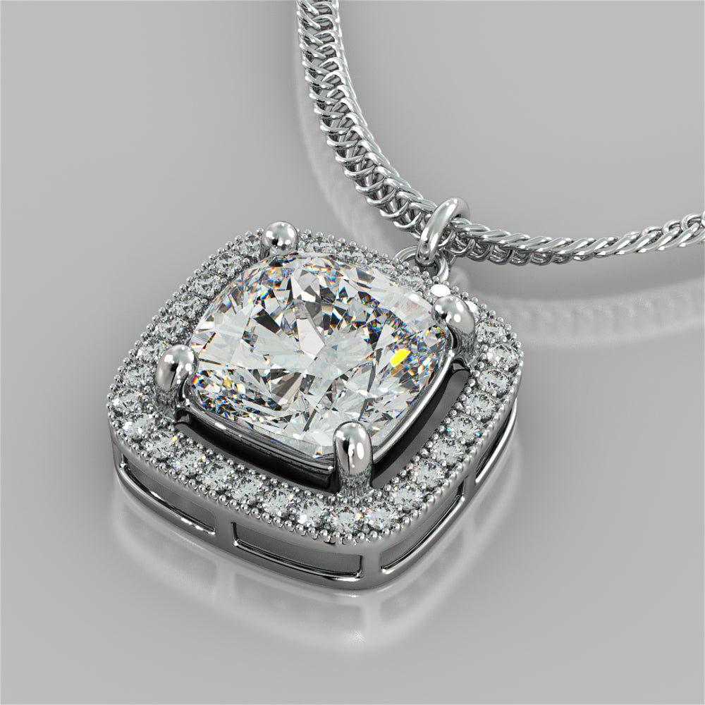 2.27CT Cushion Style Halo Pendant with Round Cut Center Stone