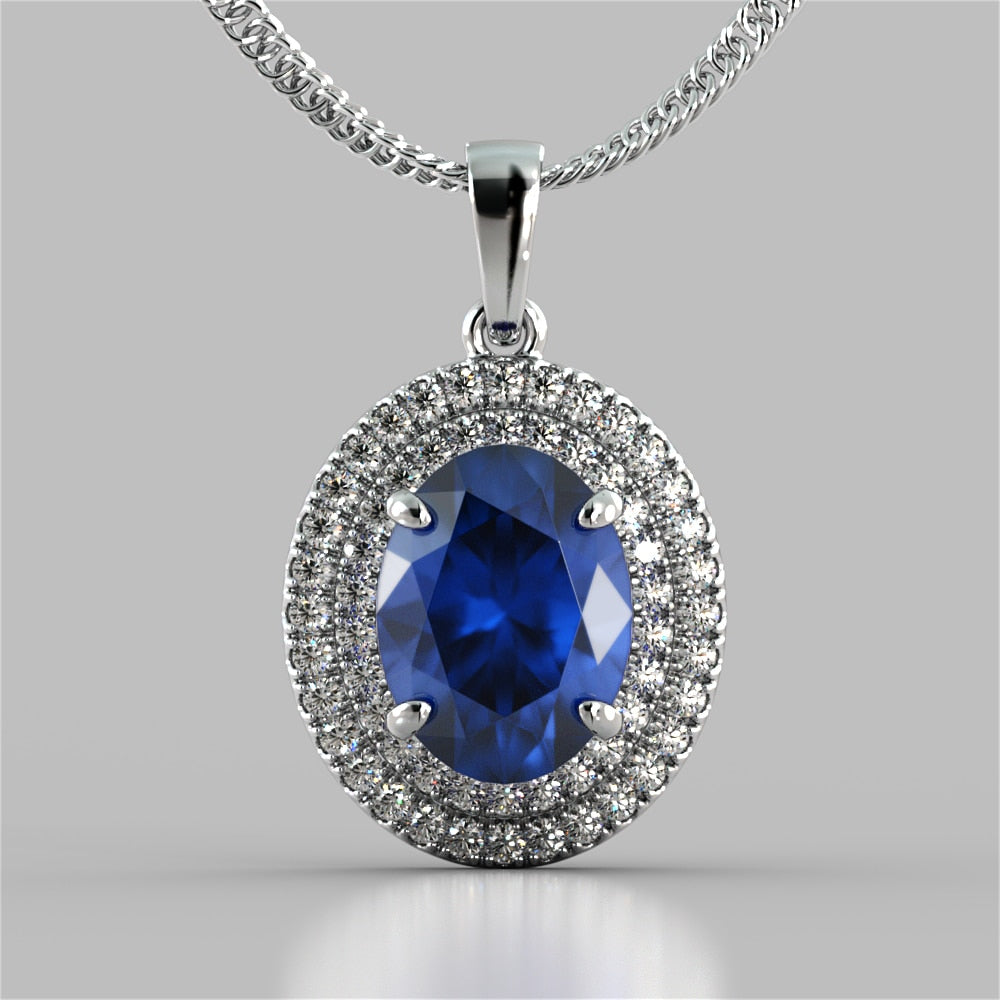 Oval Cut Prong Set Double Tier Halo Pendant