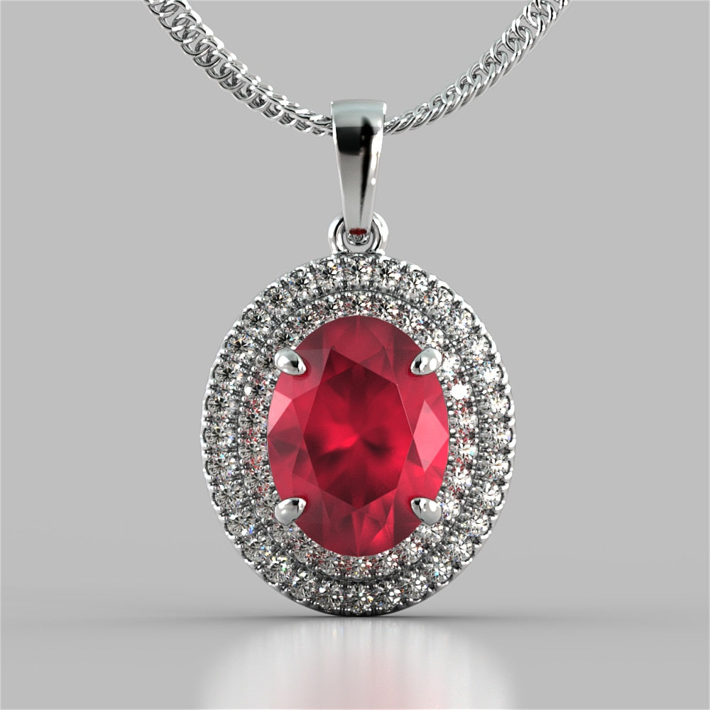 Oval Cut Prong Set Double Tier Halo Pendant