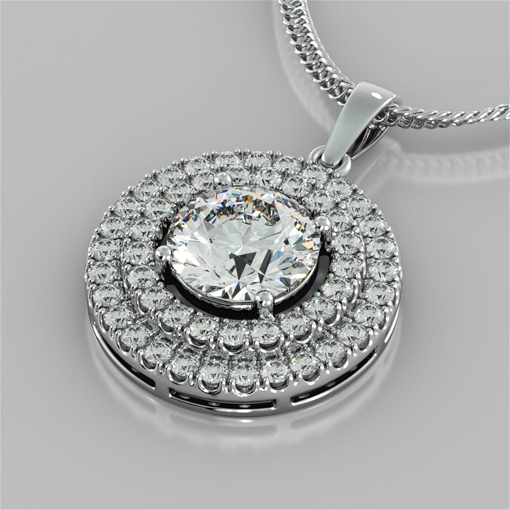 Round Cut Double Pave Style Halo Pendant