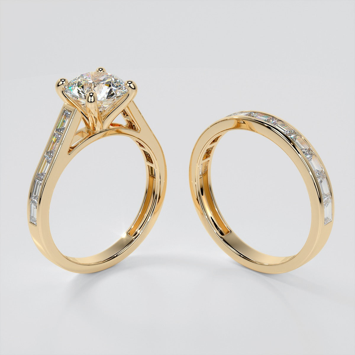 Round Cut Wedding Set With 2 Matching Wedding Bands And Baguette Accents