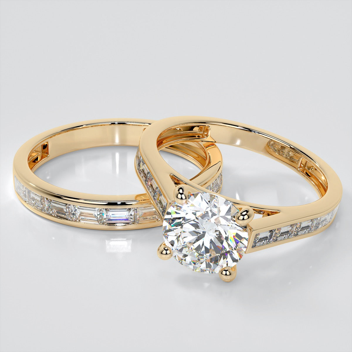 Round Cut Wedding Set With 2 Matching Wedding Bands And Baguette Accents
