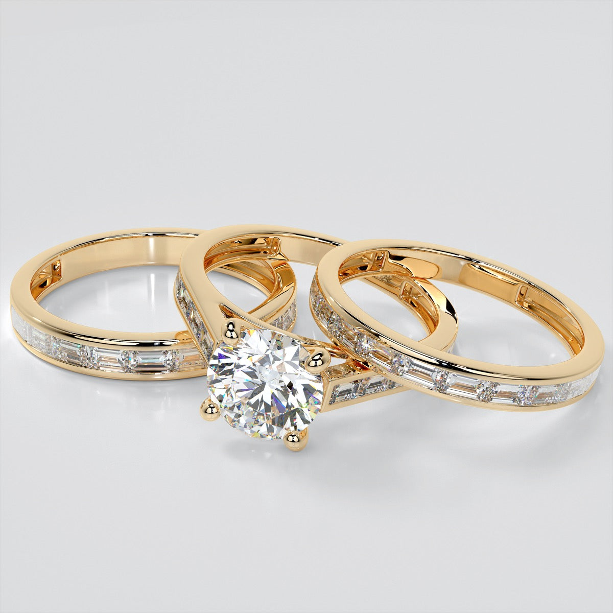 Round Cut Wedding Set With 2 Matching Wedding Bands And Baguette Accents