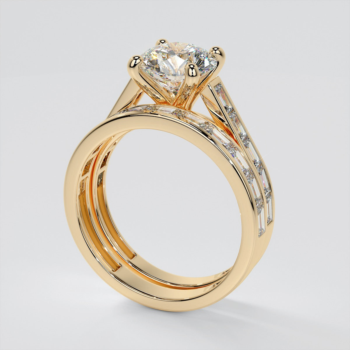 Round Cut Wedding Set With 2 Matching Wedding Bands And Baguette Accents