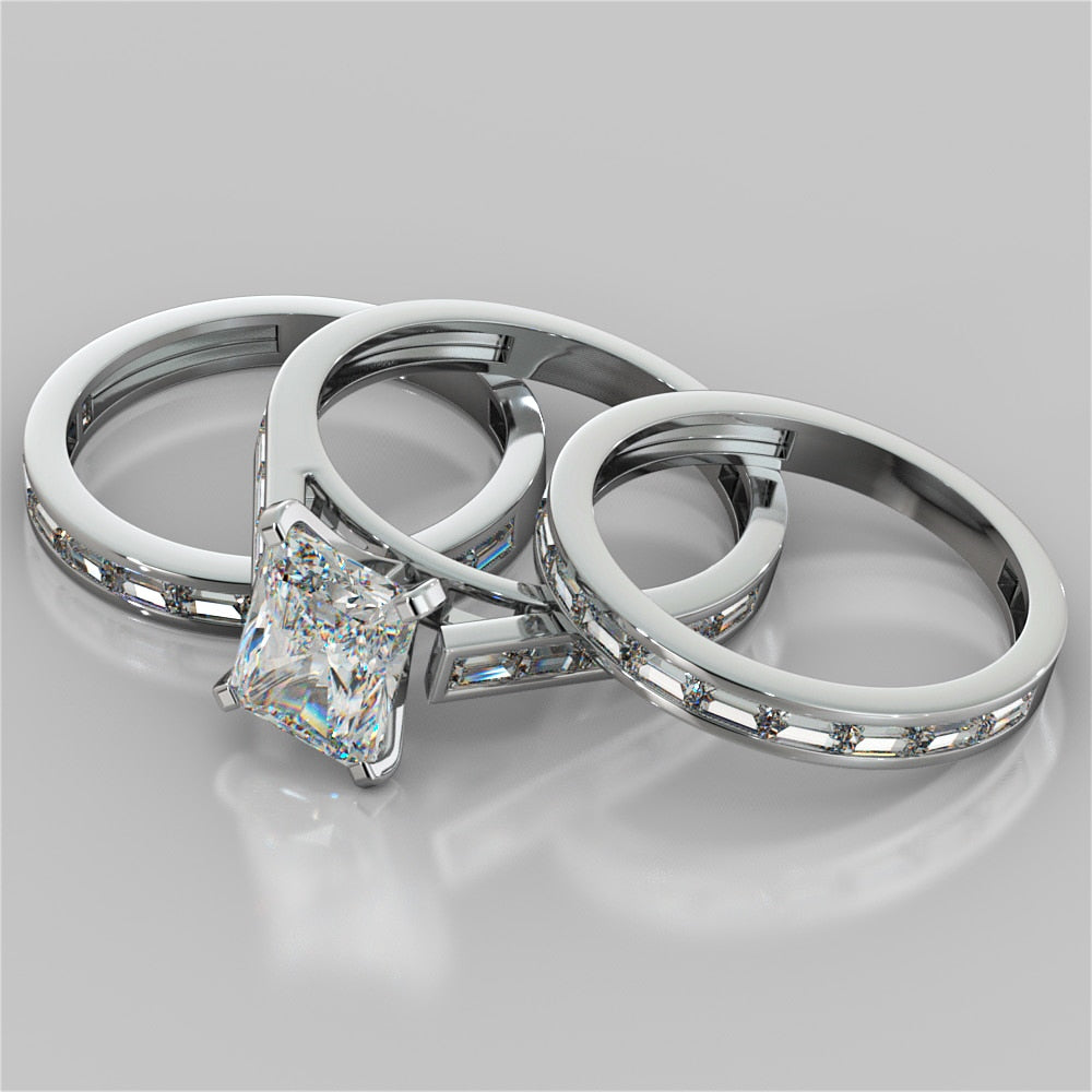 Radiant Cut Channel Baguettes Trio Wedding Set