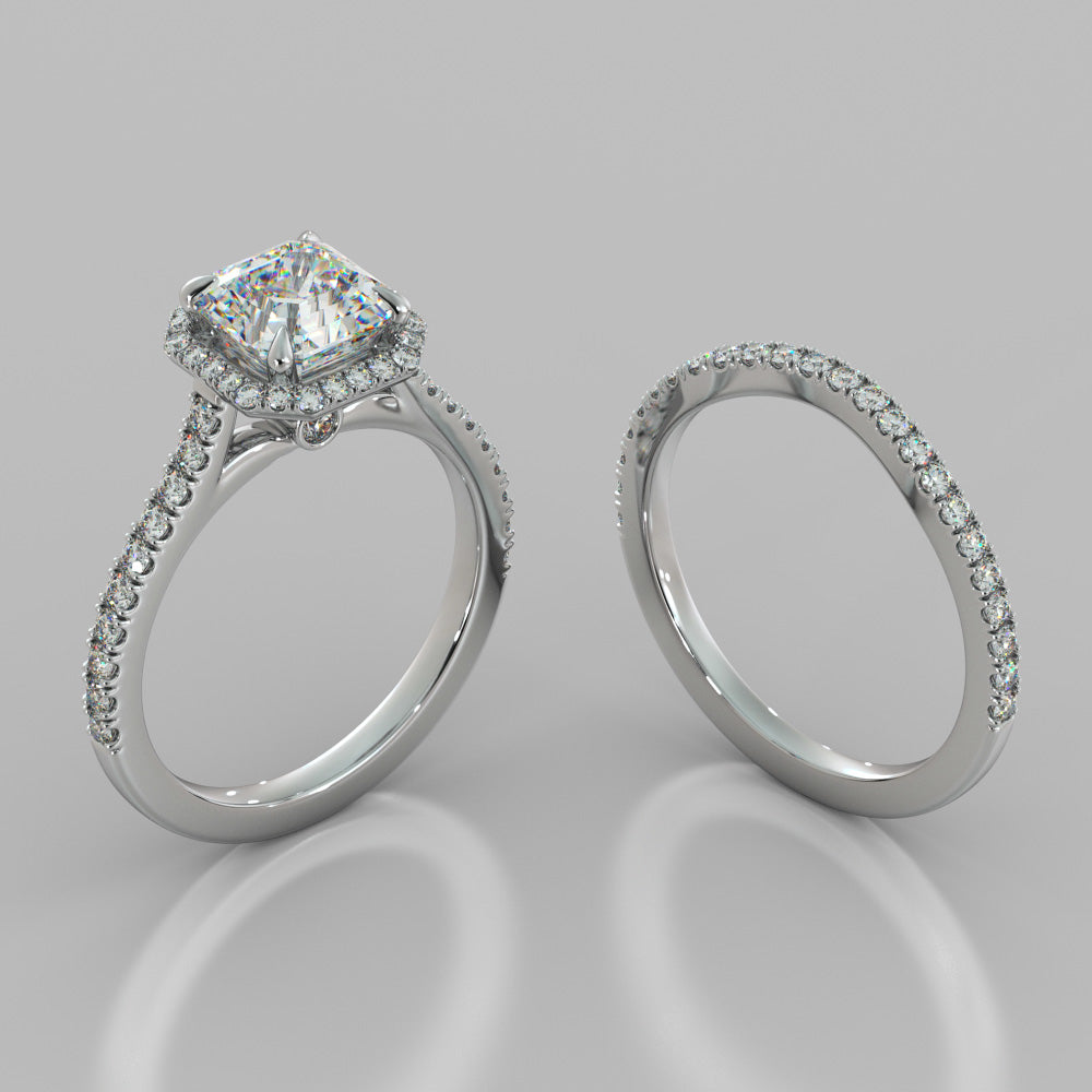 Asscher Cut Halo Wedding Set With Accents