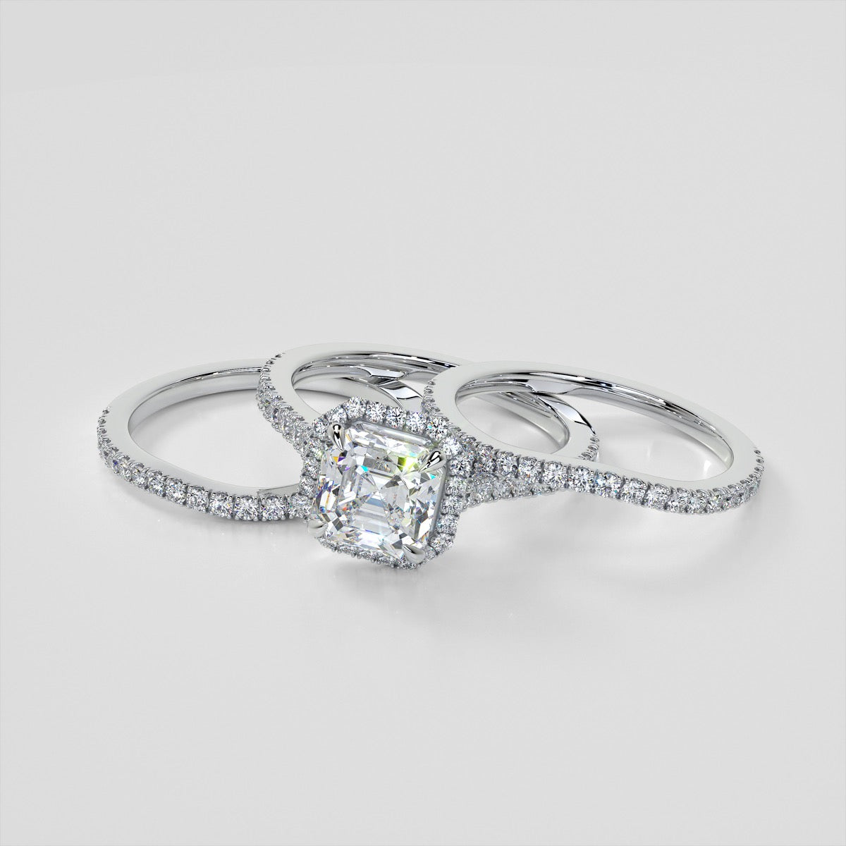 Asscher Cut Halo Wedding Set With Accents