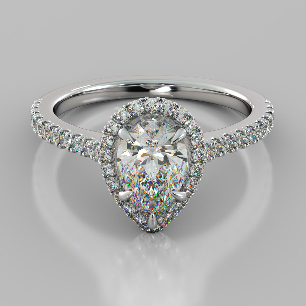 1.0CT Pear Cut Lab Grown Diamond Halo Engagement Ring With Accents in 14K White Gold - VVS - F Color