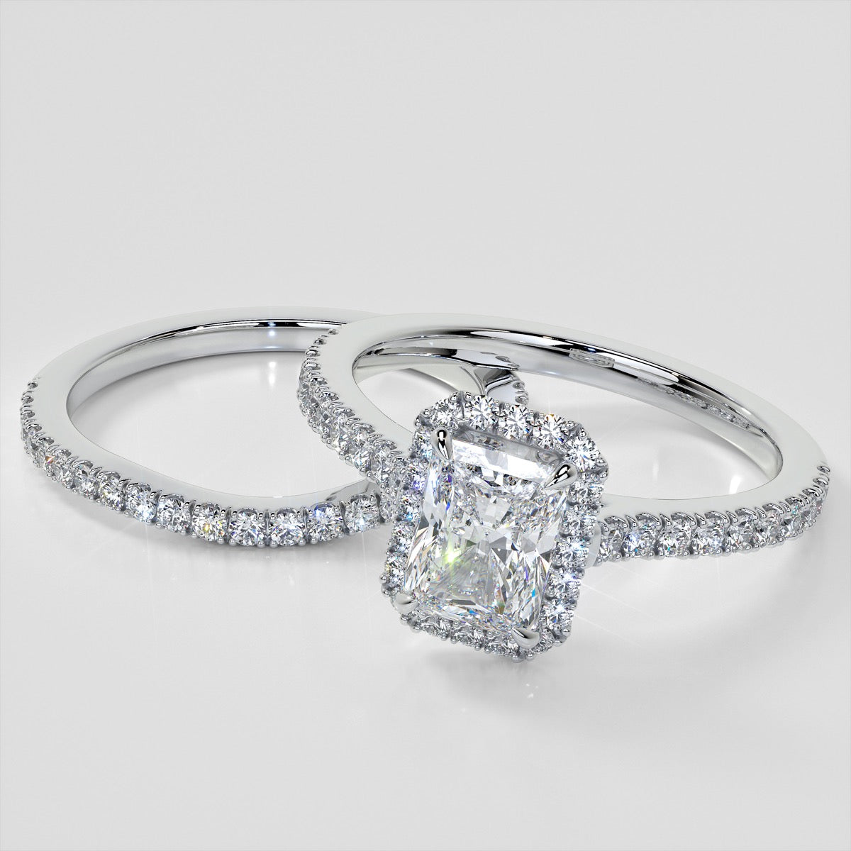Radiant Cut Halo Wedding Set With Accents
