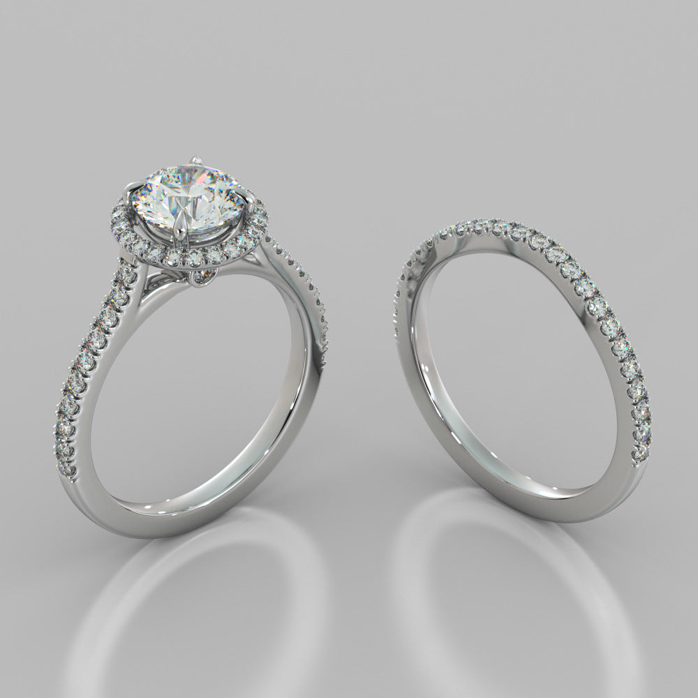 Round Cut Pavé Halo Wedding Set With Accents