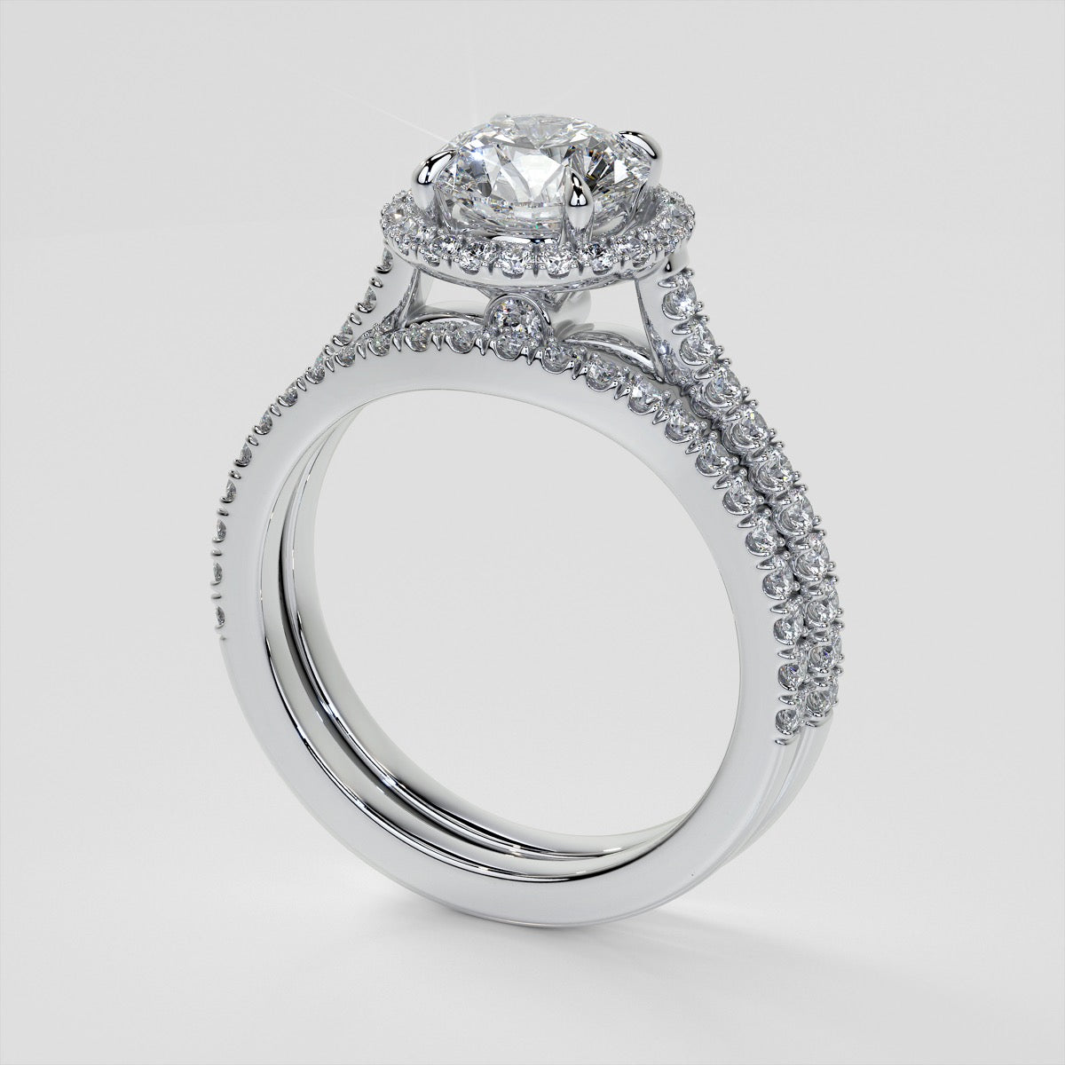 Round Cut Pavé Halo Wedding Set With Accents
