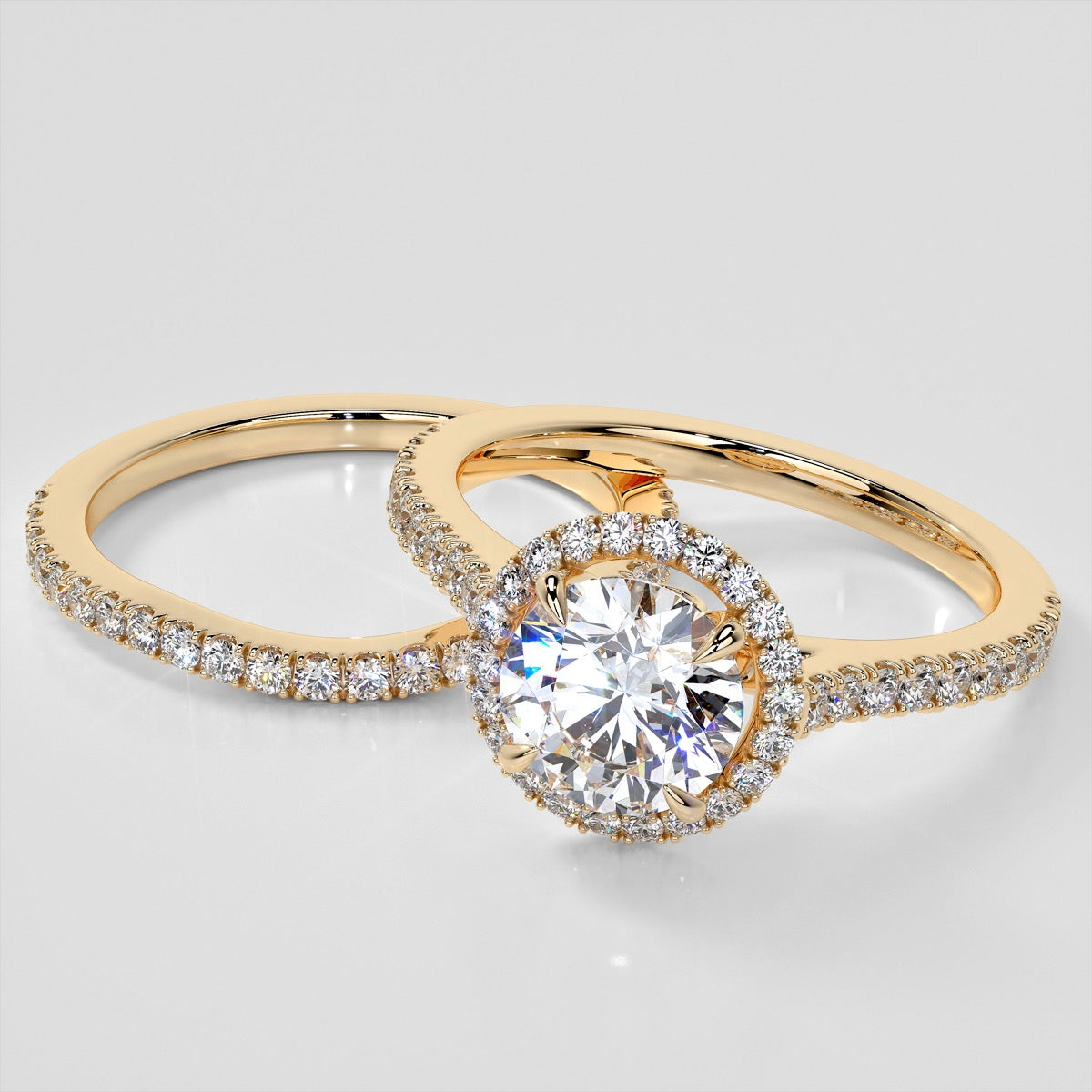Round Cut Pavé Halo Wedding Set With Accents