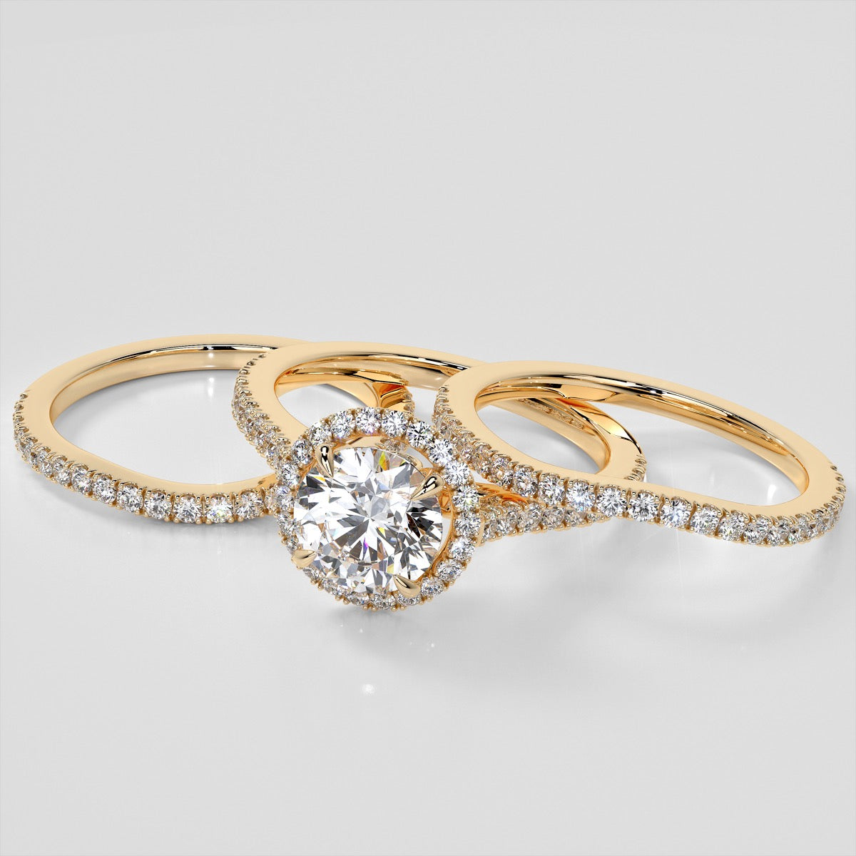 Round Cut Halo Trio Wedding Set With Accents