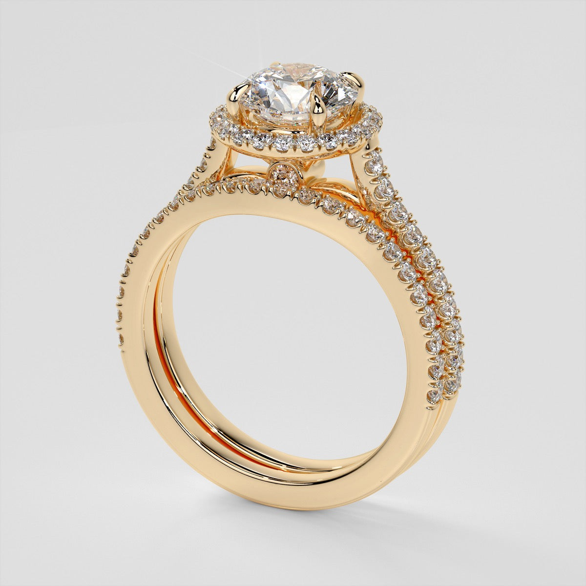 Round Cut Pavé Halo Wedding Set With Accents