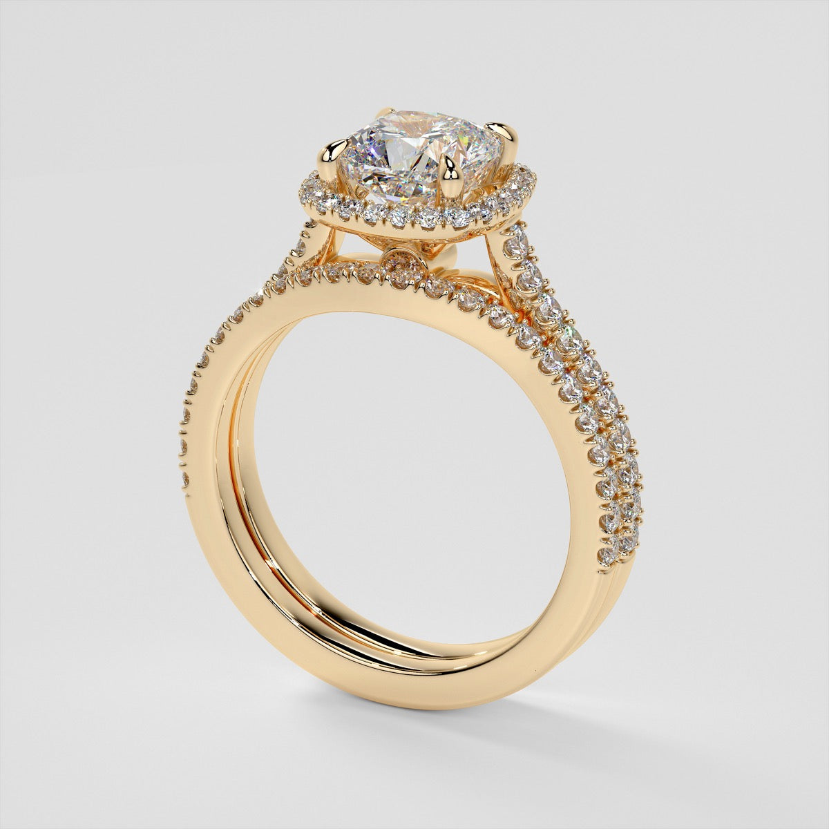 Cushion Cut Halo Style Trio Wedding Set With Accents