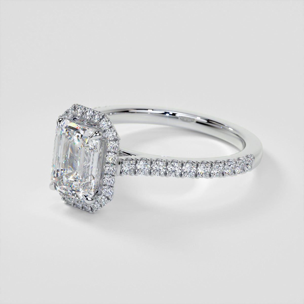 Emerald Cut Halo Style Trio Wedding Set With Accents