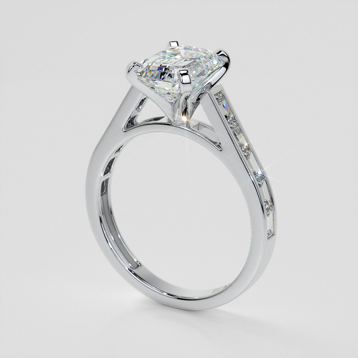 2.0CT Lab Grown Diamond Emerald Cut Channel Baguettes Engagement Ring
