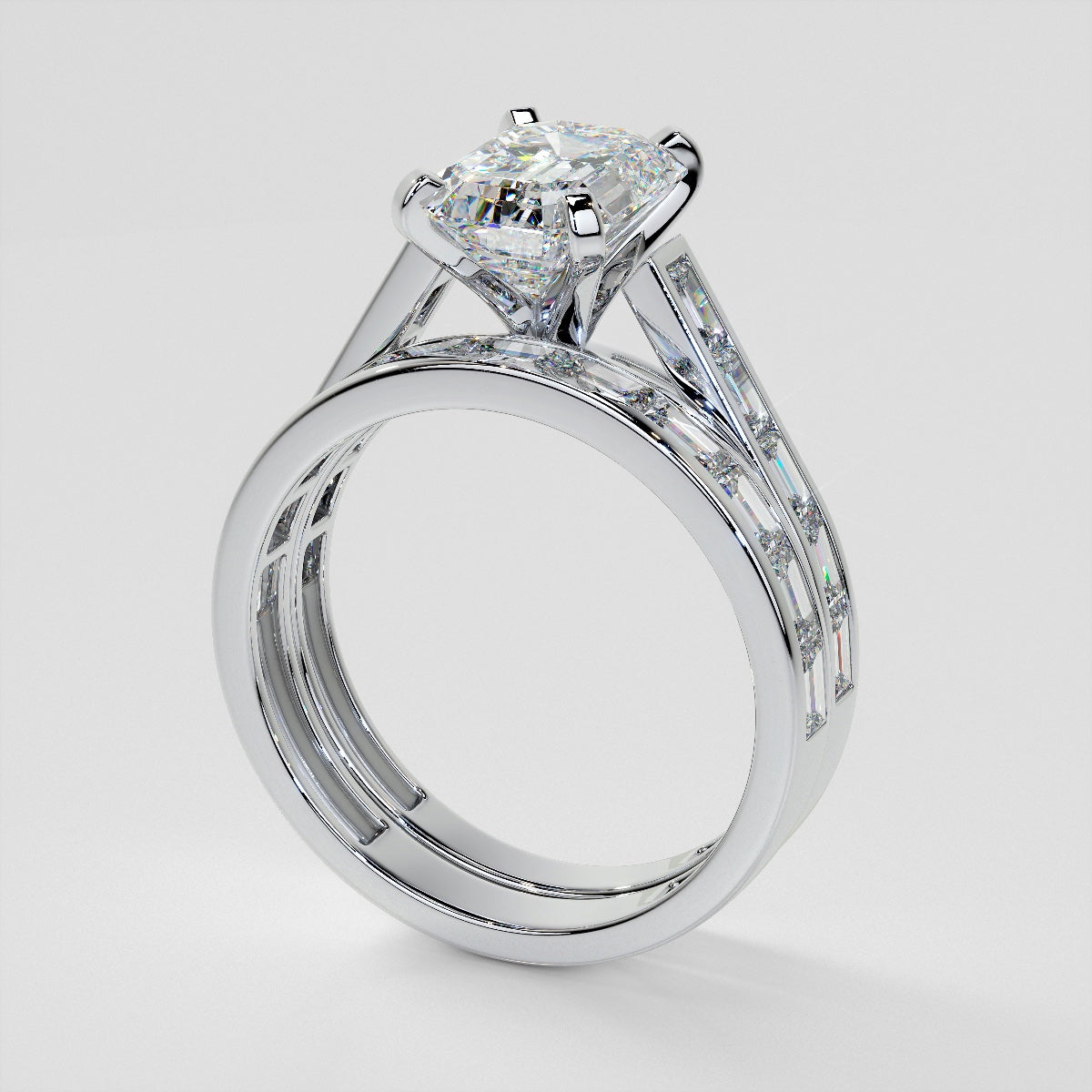 2.0CT Lab Grown Diamond Emerald Cut Channel Baguettes Engagement Ring