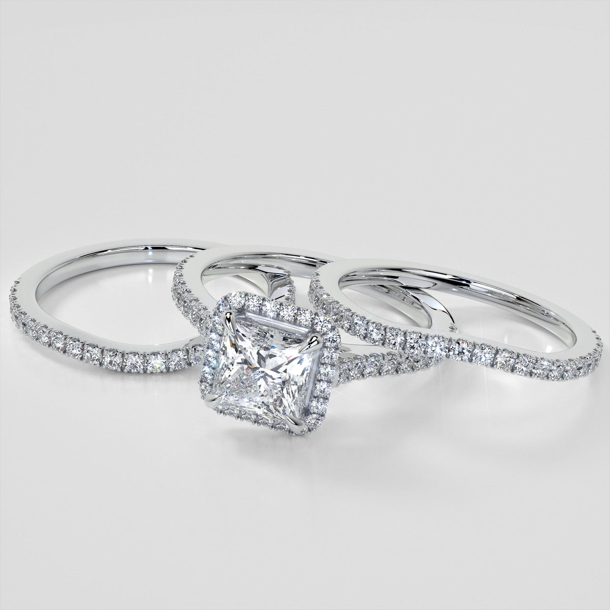 Princess Cut Halo Wedding Set With Accents
