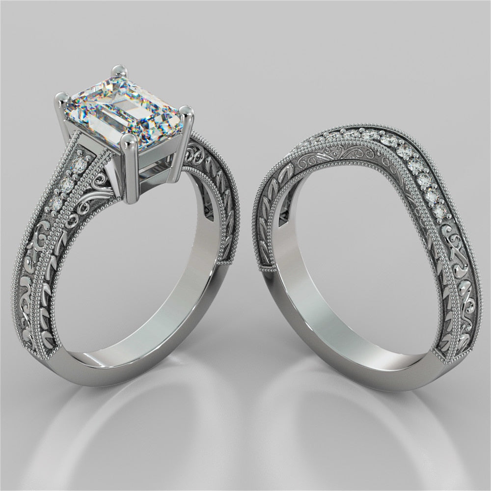 Emerald Cut Trio Wedding Set With 2 Matching Wedding Bands