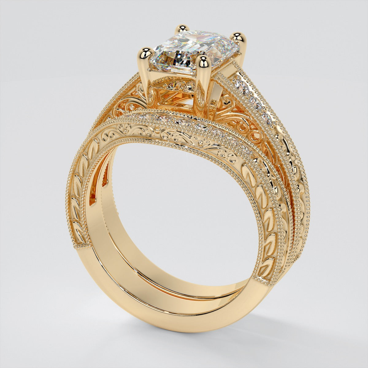 Emerald Cut Trio Wedding Set With 2 Matching Wedding Bands