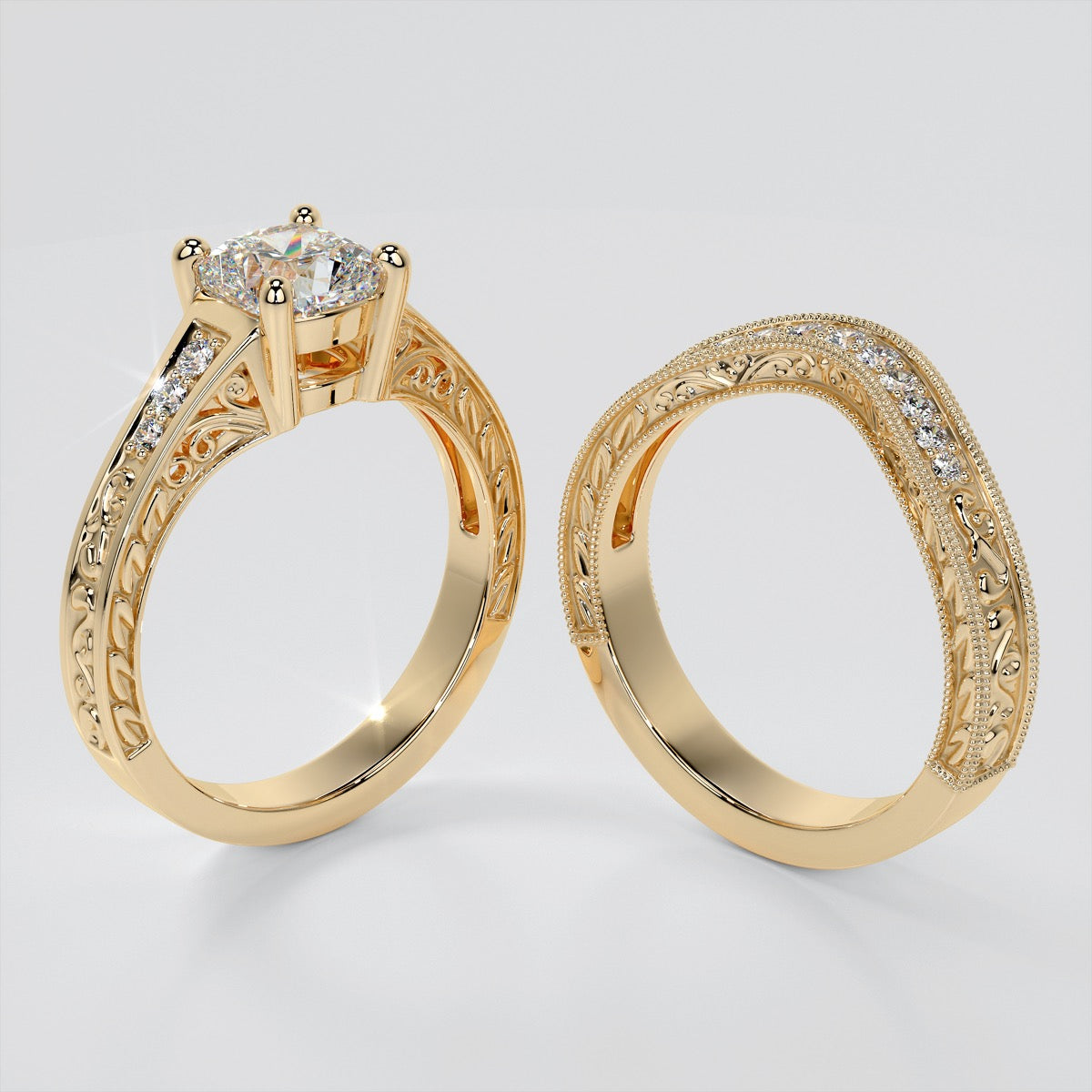 Filigree Cushion Cut Trio Wedding Set