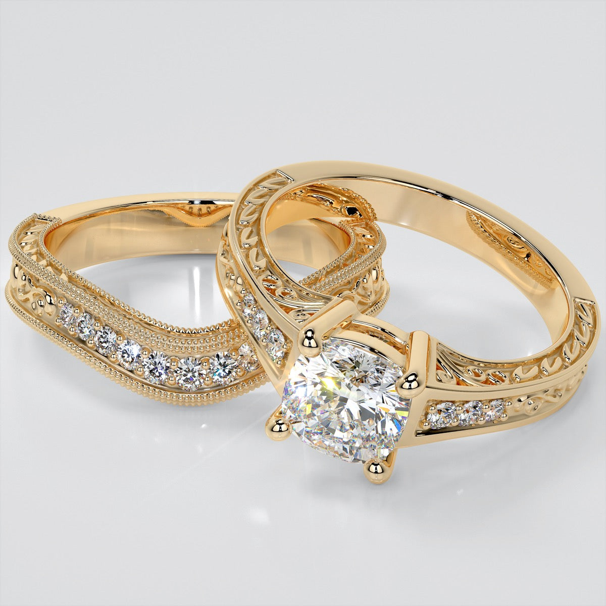 Filigree Cushion Cut Trio Wedding Set