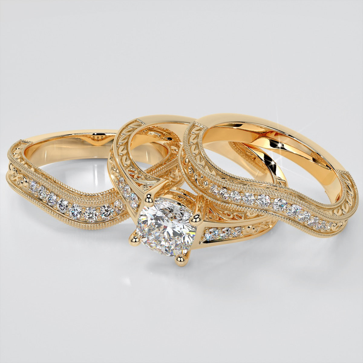 Filigree Cushion Cut Trio Wedding Set