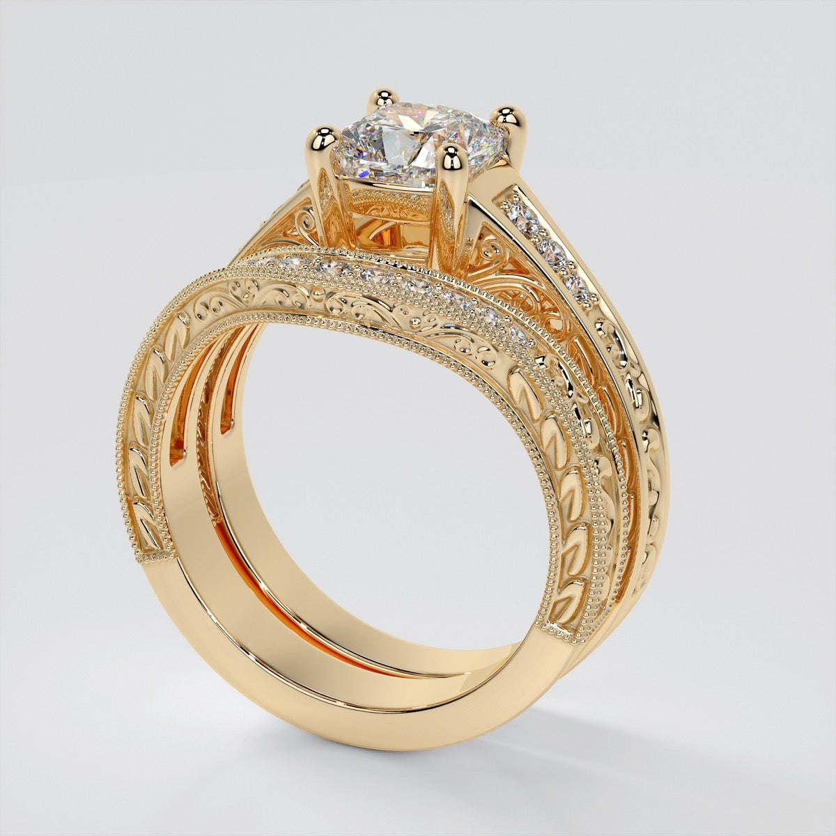 Filigree Cushion Cut Trio Wedding Set