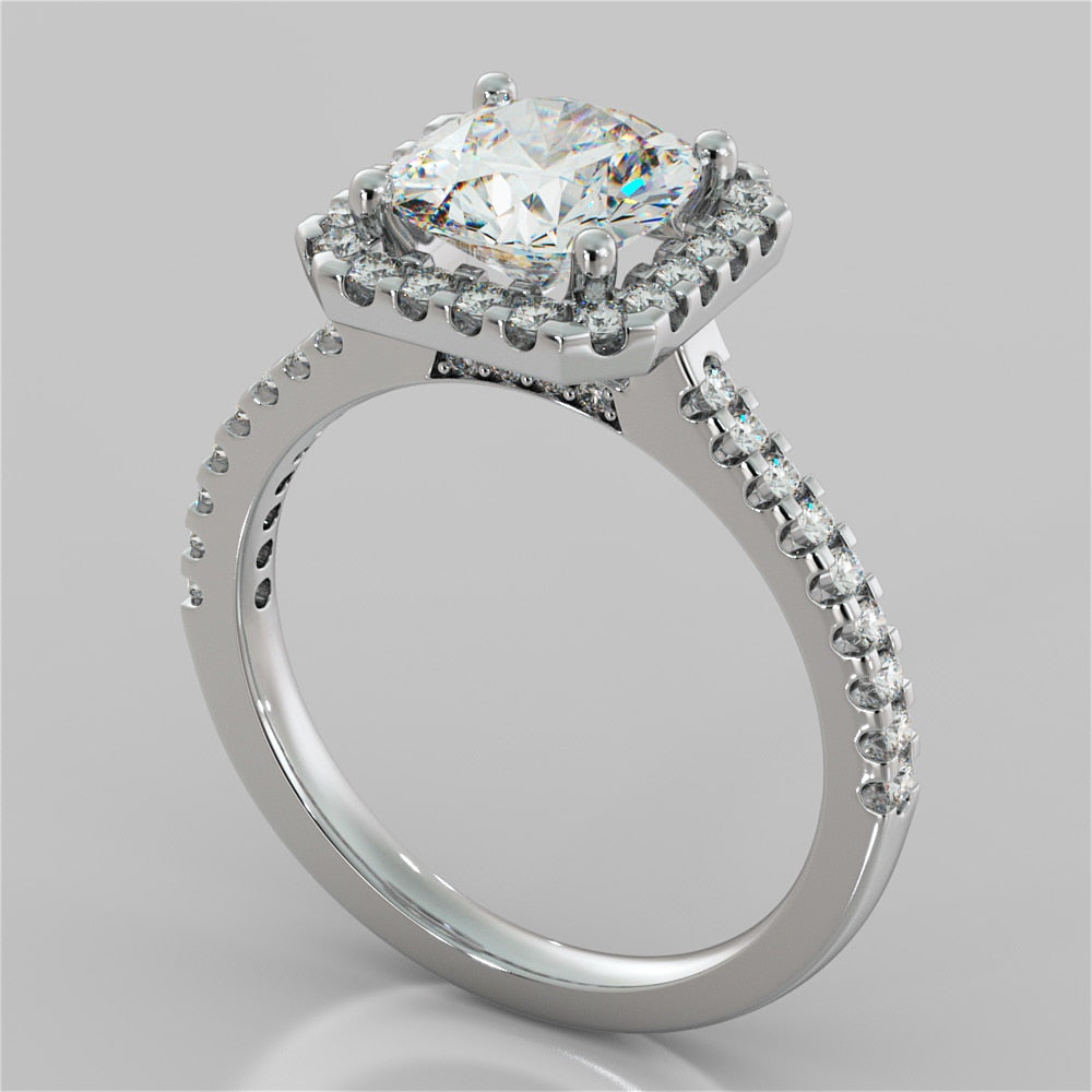 1.5Ct Cushion Cut Lab Grown Diamond Scalloped Halo Engagement Ring