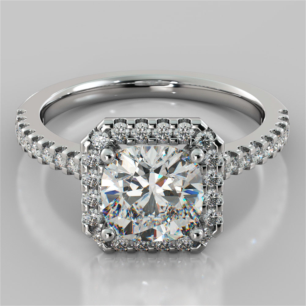 1.5Ct Cushion Cut Lab Grown Diamond Scalloped Halo Engagement Ring