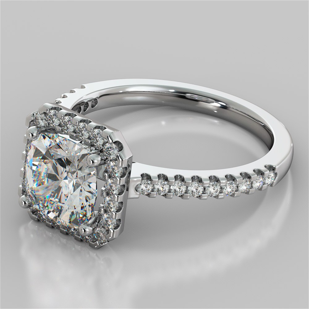 1.5Ct Cushion Cut Lab Grown Diamond Scalloped Halo Engagement Ring