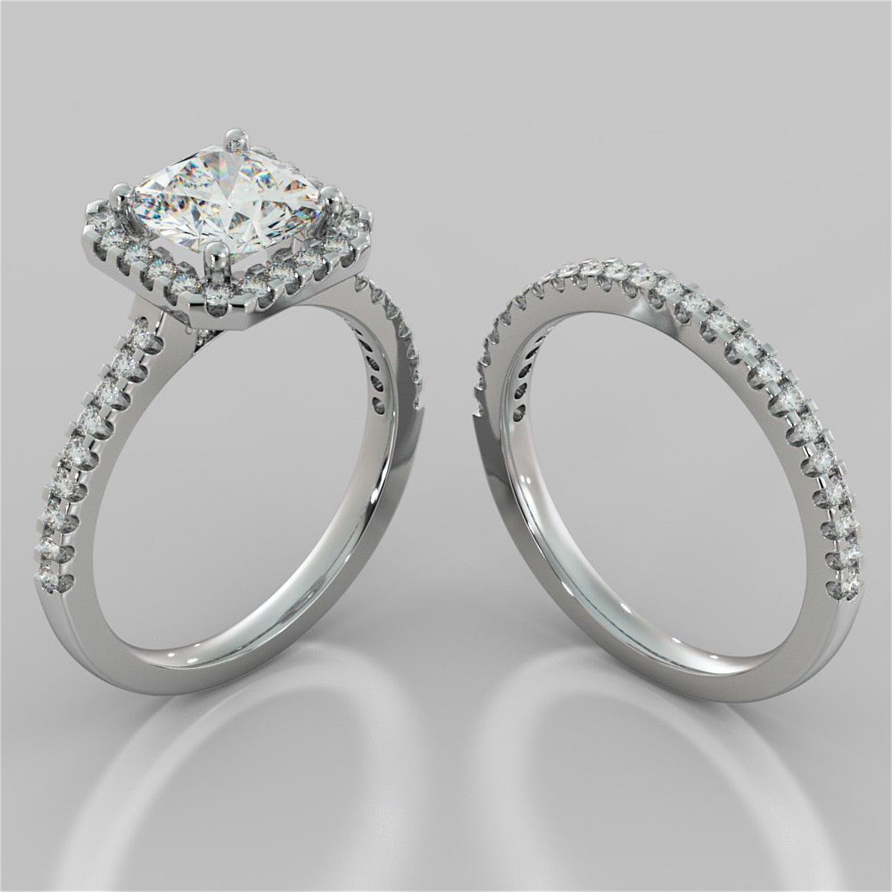 1.5Ct Cushion Cut Lab Grown Diamond Scalloped Halo Engagement Ring