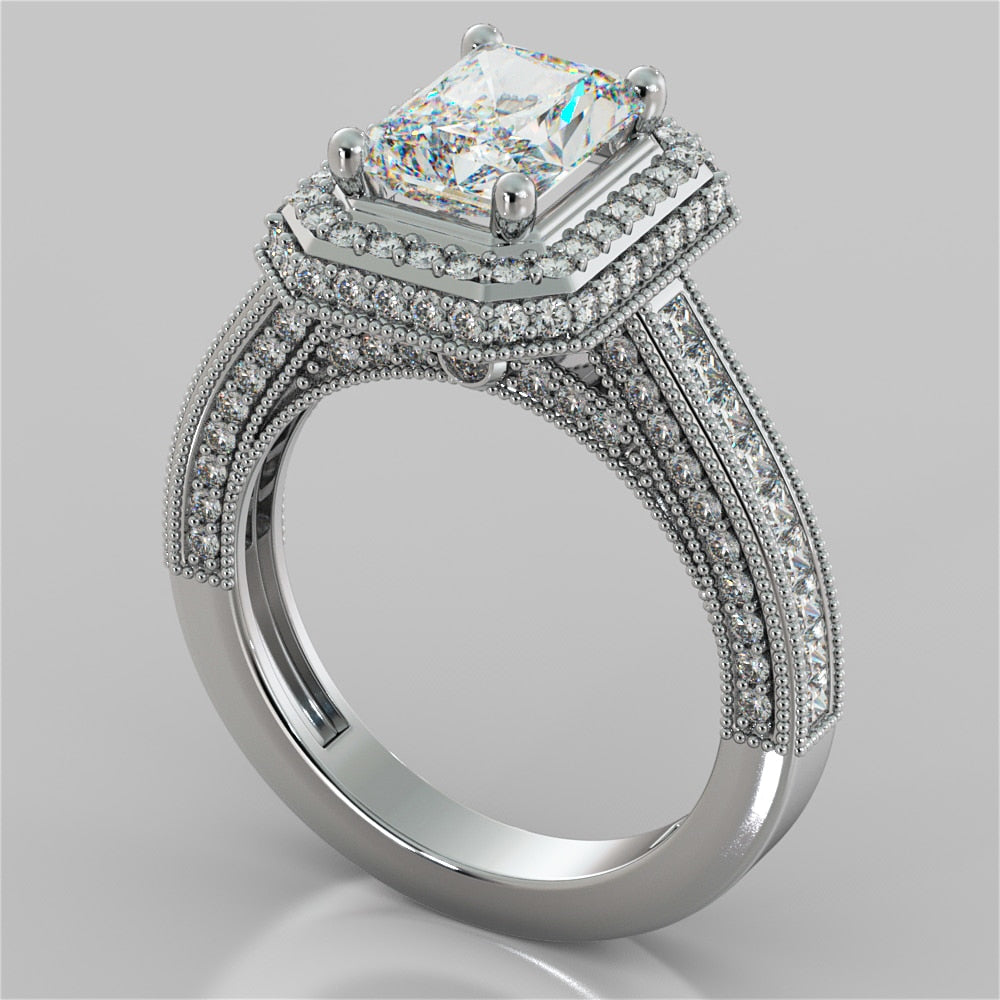 1.5Ct Radiant Cut Lab Grown Diamond Double Tier Halo Engagement Ring