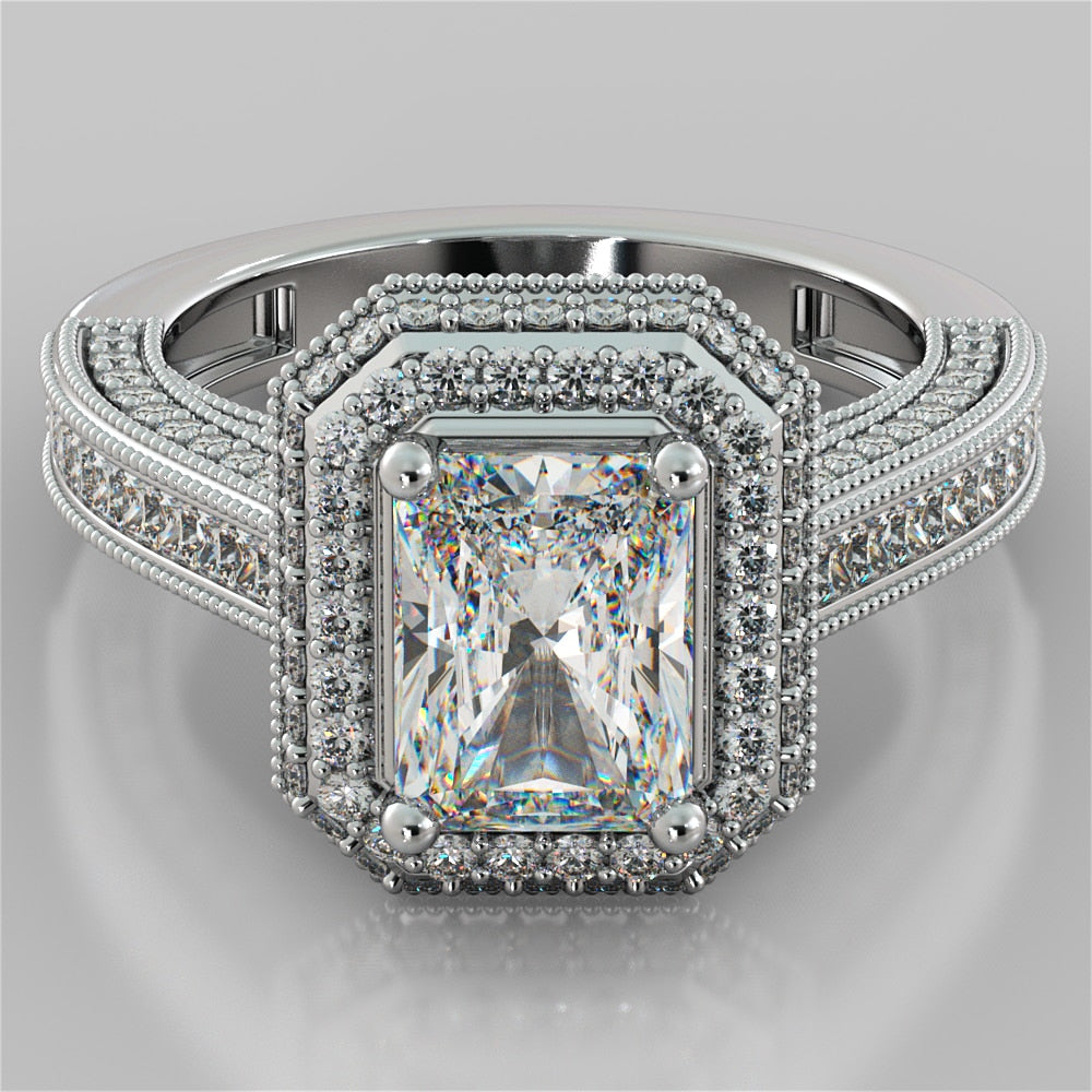 1.5Ct Radiant Cut Lab Grown Diamond Double Tier Halo Engagement Ring