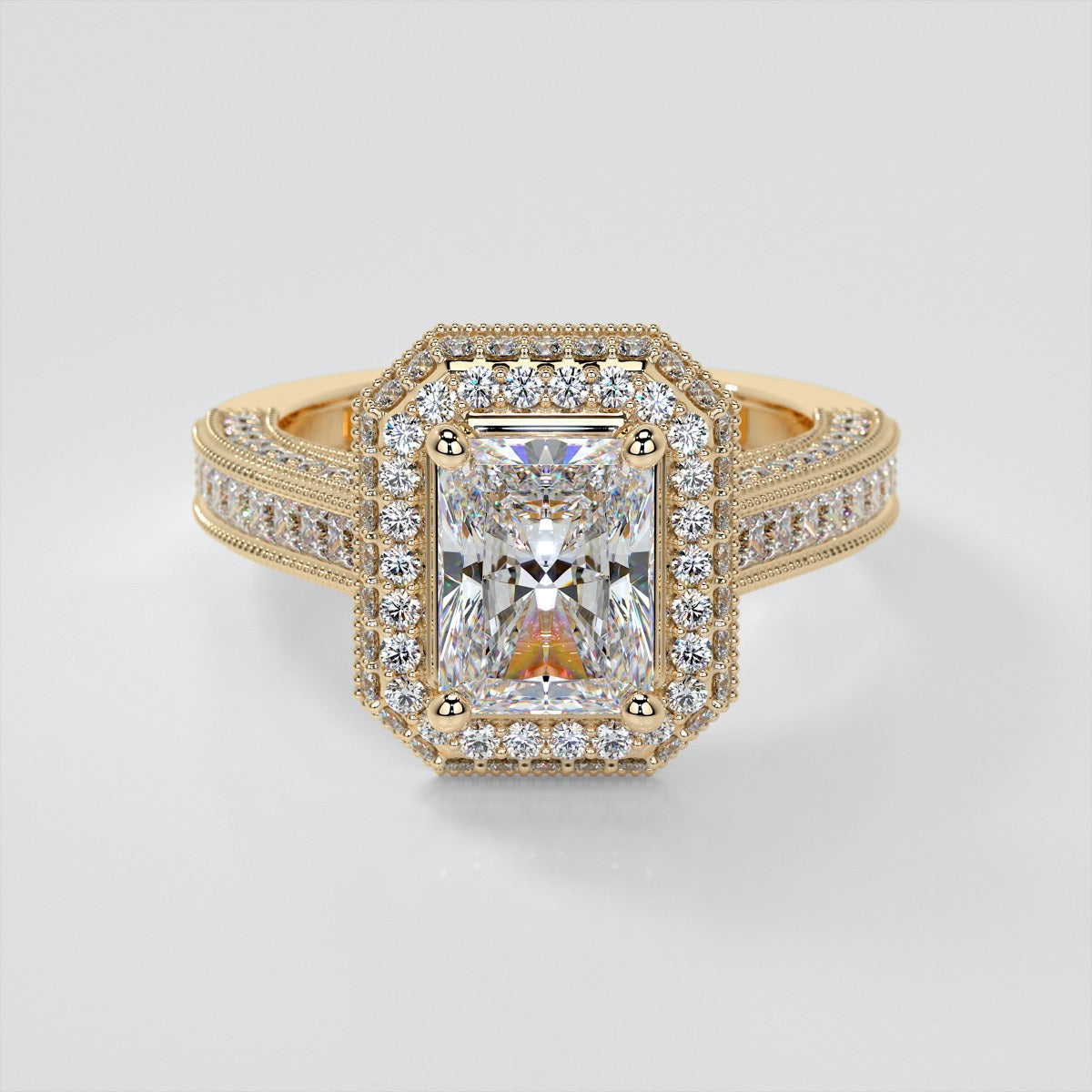 1.5Ct Radiant Cut Lab Grown Diamond Double Tier Halo Engagement Ring