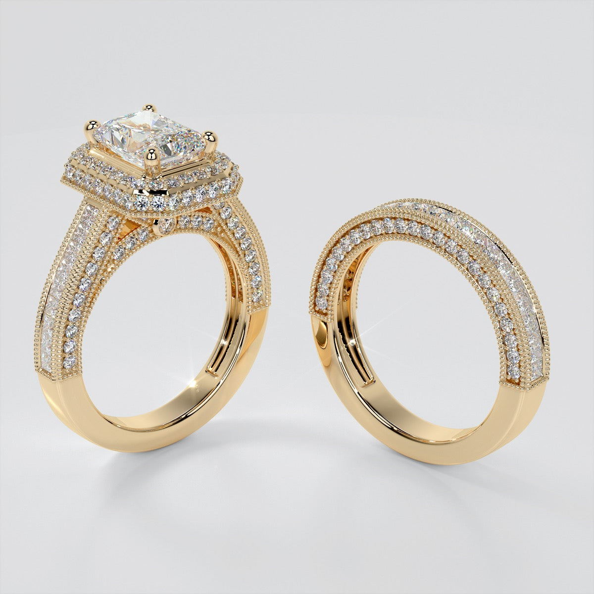 Pavé-Style Double Halo Radiant Cut Wedding Set