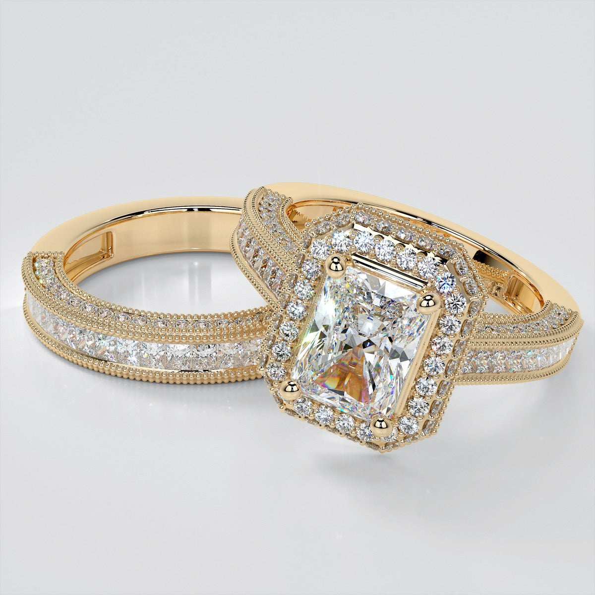 1.5Ct Radiant Cut Lab Grown Diamond Double Tier Halo Engagement Ring