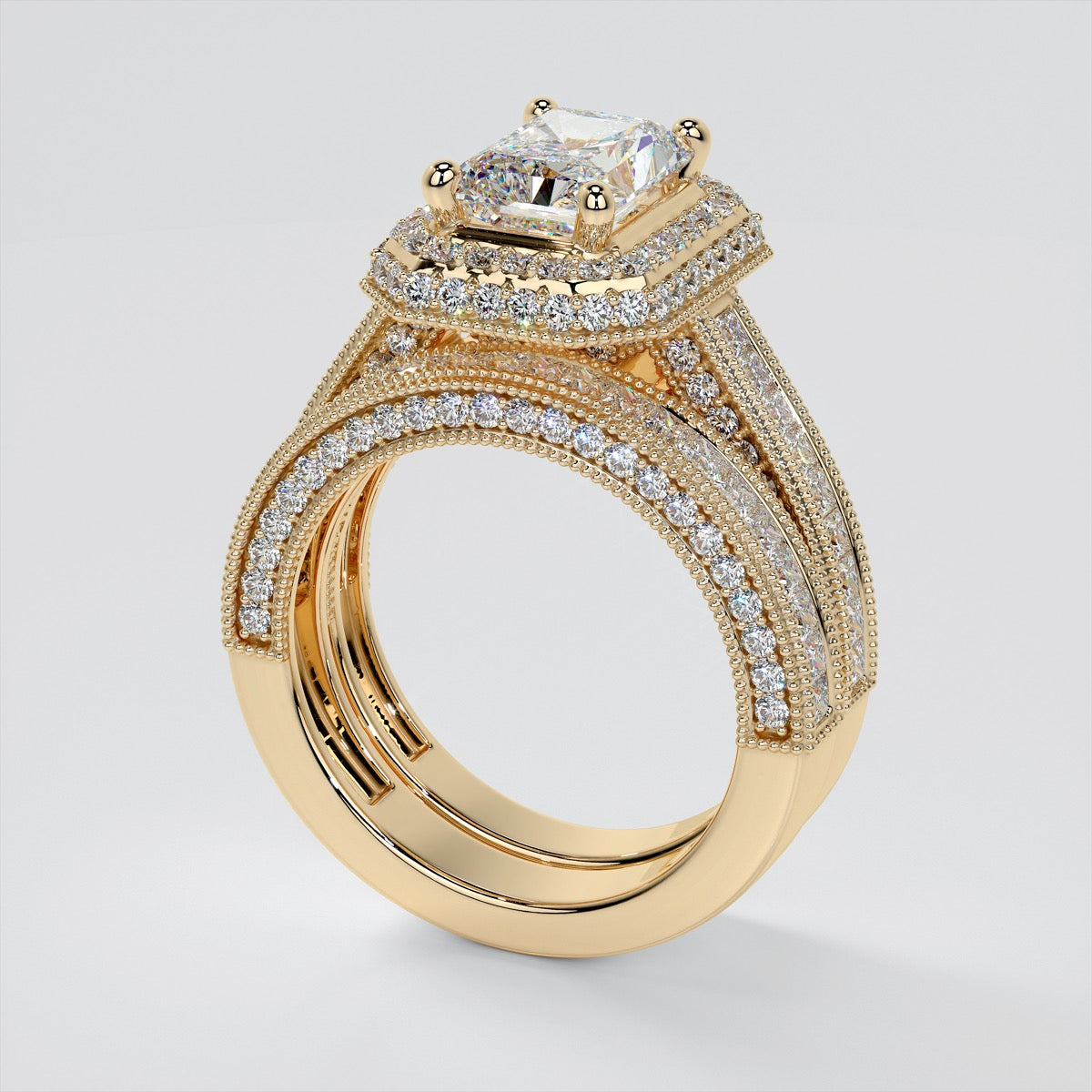 1.5Ct Radiant Cut Lab Grown Diamond Double Tier Halo Engagement Ring