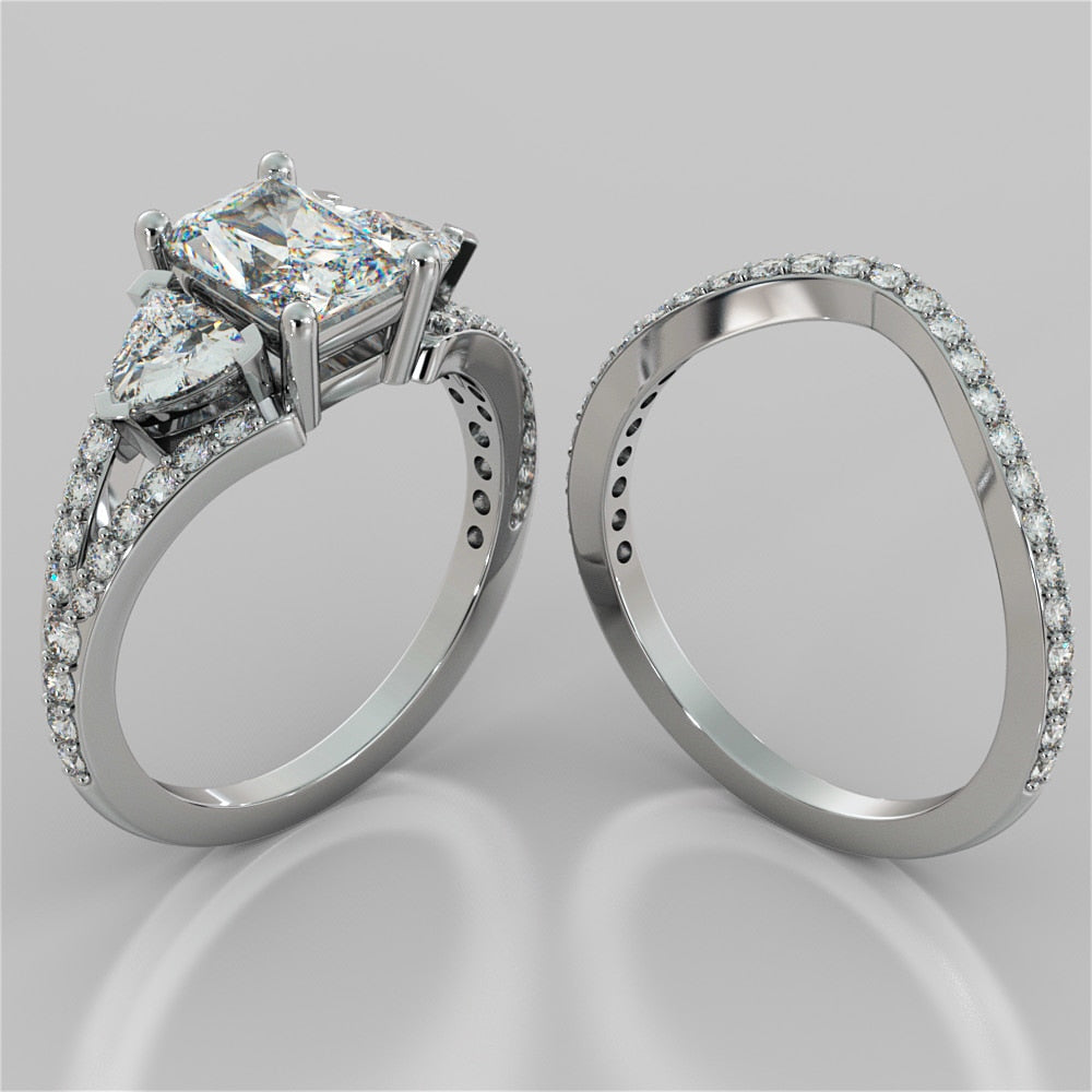 3.08Ct Split Shank 3-Stone Radiant Cut Wedding Set in 14K White Gold