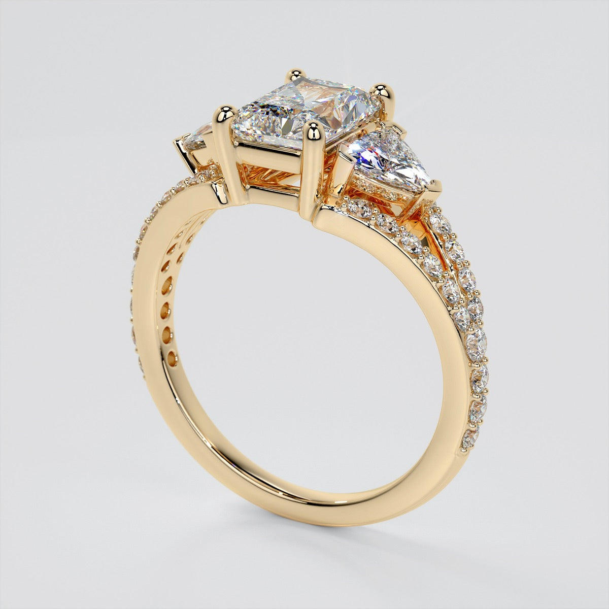 Three-Stone Radiant Cut Trio Wedding Set with Split Shanks