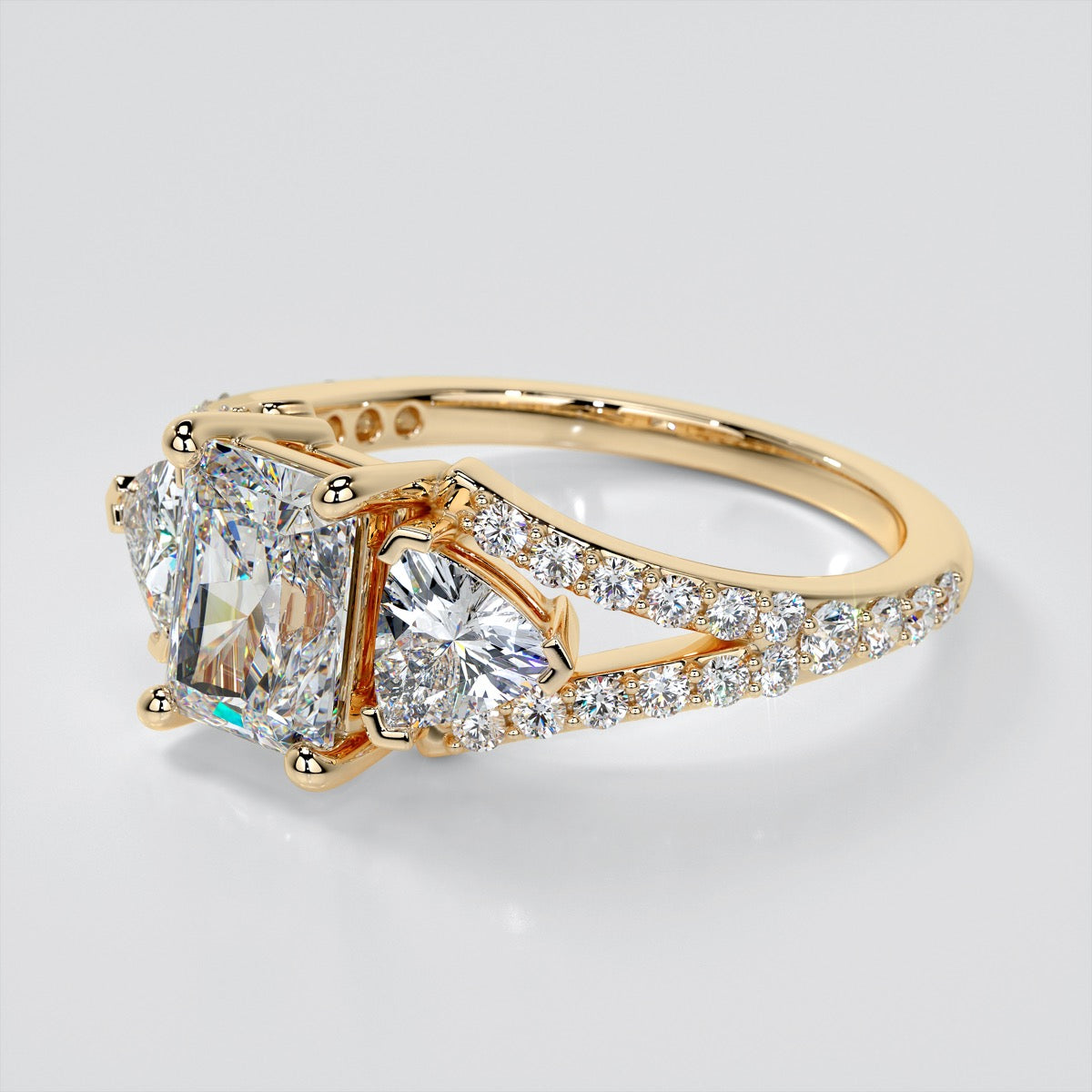 Three-Stone Radiant Cut Trio Wedding Set with Split Shanks
